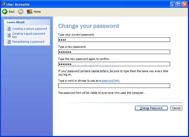 change password hint win 7