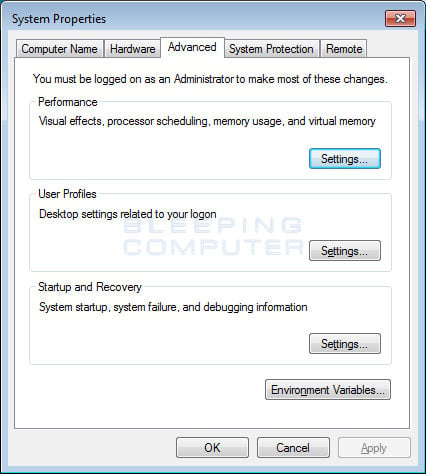 Advanced System Properties screen