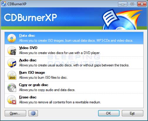 CDBurnerXP Start Screen