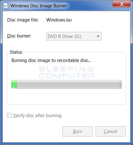 Windows Disc Image Burner writing