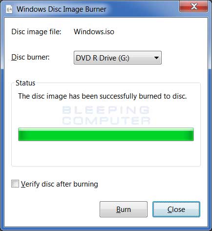 Windows Disc Image Burner Finished